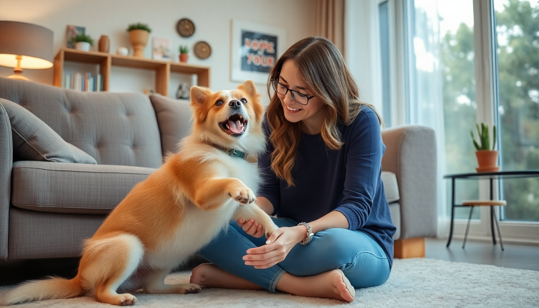 Woman playing with her dog on the floor using the best pet hair removal tools for a clean home