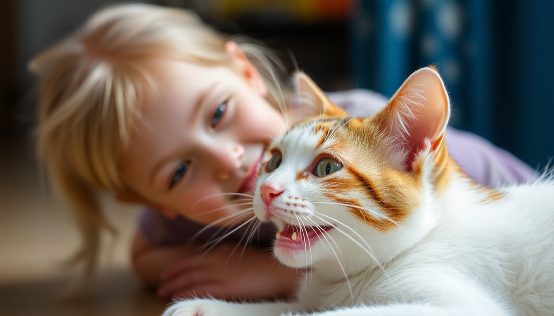 A child lying on the floor playing with a white and orange cat featuring the best pet accessories 2025