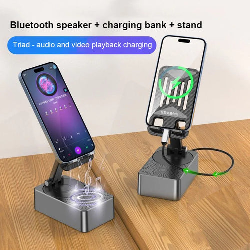 3 in 1 phone holder with speaker featuring Bluetooth speaker, charging bank, and adjustable stand