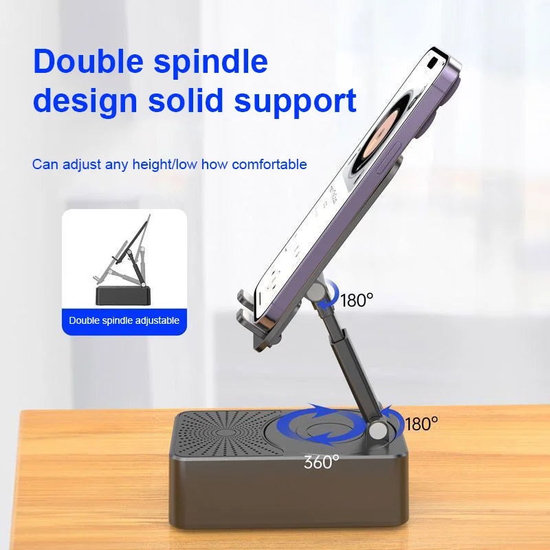 3 in 1 phone holder with speaker showing adjustable double spindle design and 360 degree rotation on wooden surface