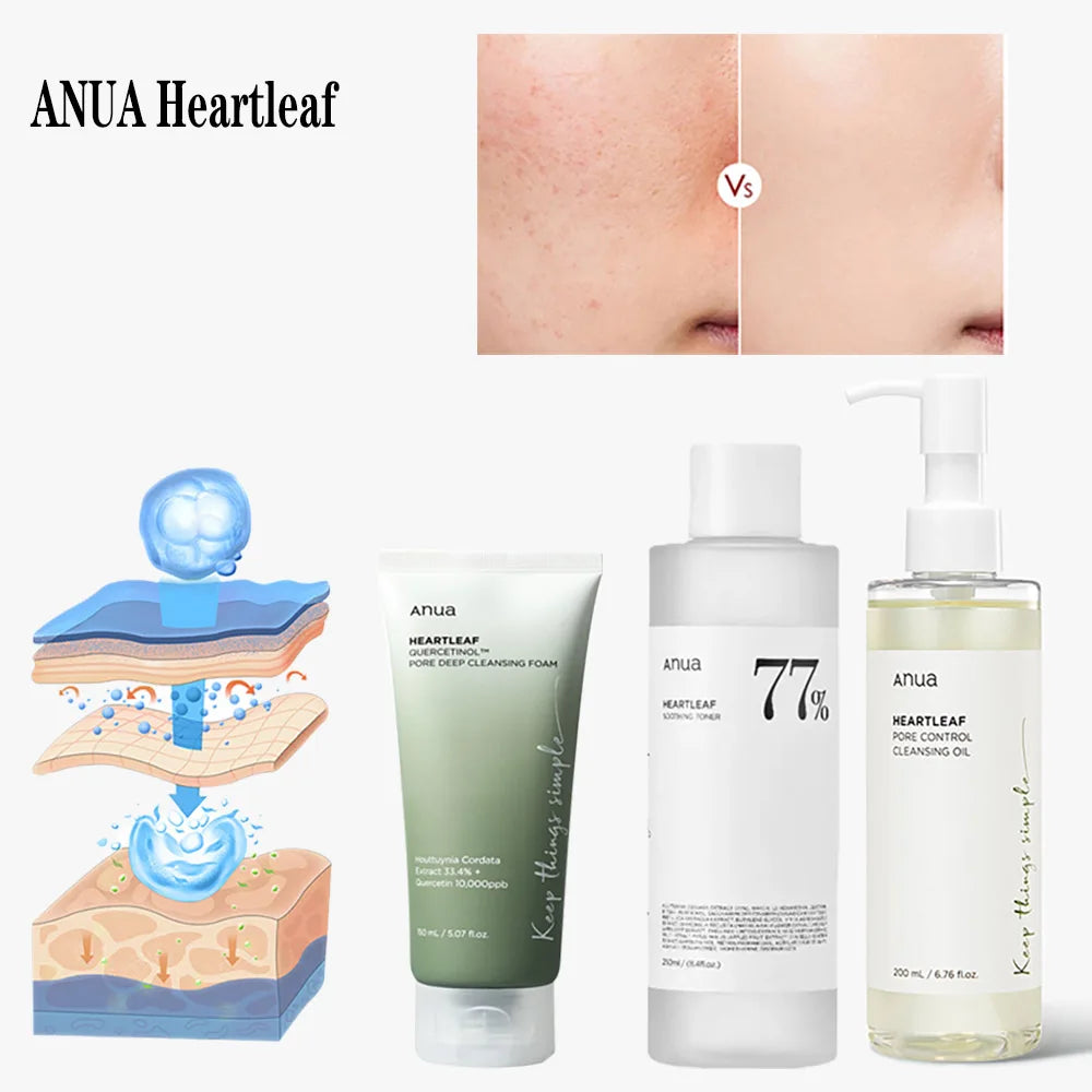 Anua cleansing oil for sensitive skin with Heartleaf formula shown with skincare products and before after skin results