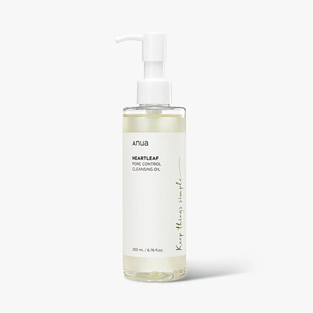 Anua cleansing oil for sensitive skin in clear pump bottle by Pluxina with heartleaf pore control formula