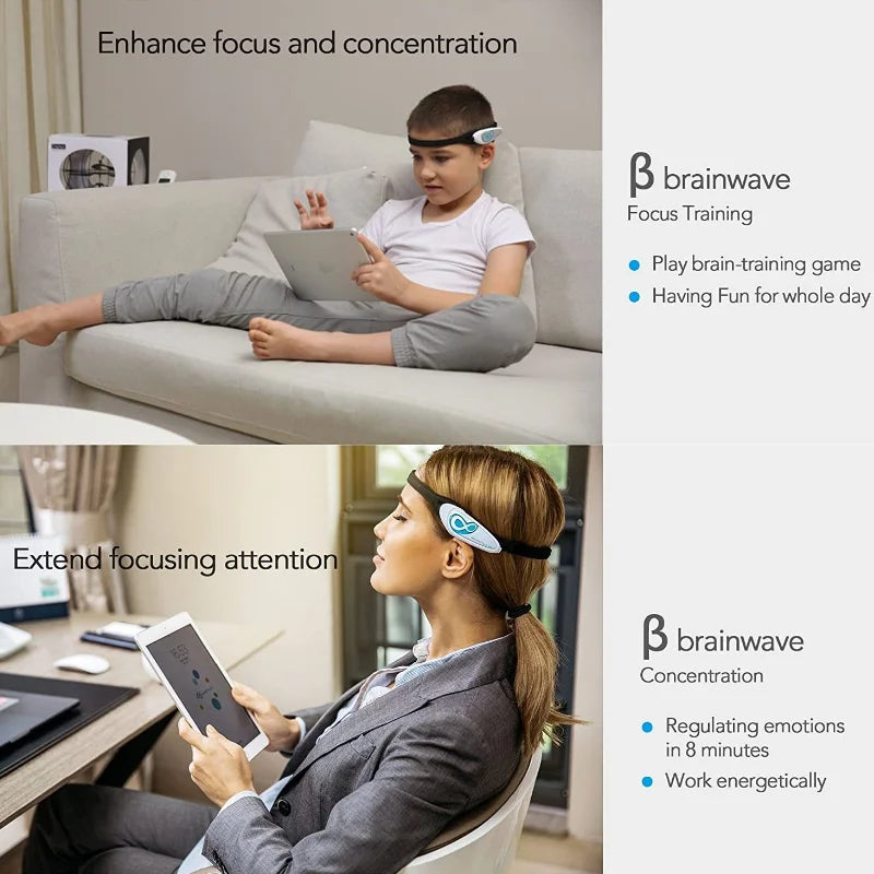 EEG headband for meditation worn by a child and an adult to enhance focus and concentration during brain-training activities
