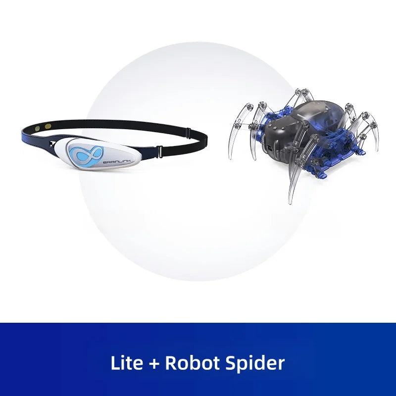 Pluxina EEG headband for meditation paired with a small blue and black robot spider device