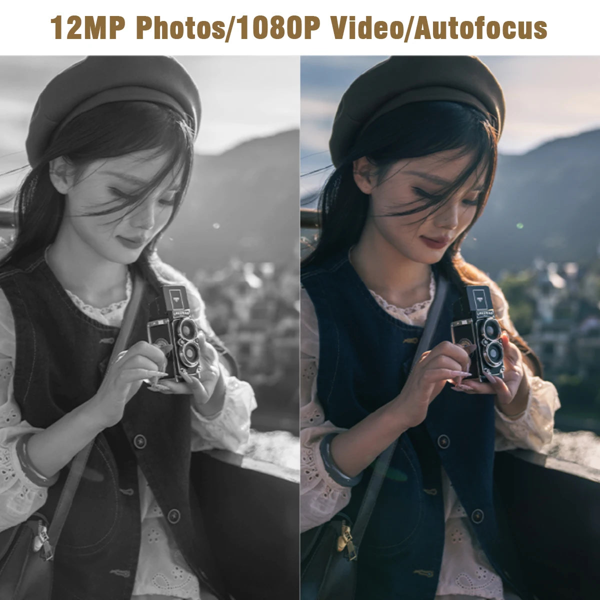 Woman holding a vintage mini digital camera outdoors capturing 12MP photos and 1080P video with autofocus