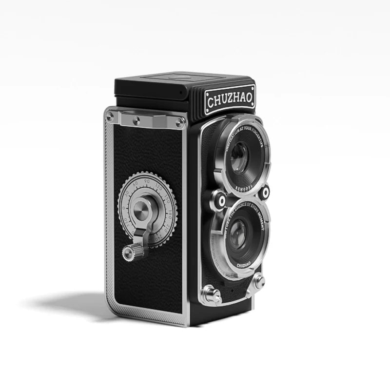 Pluxina vintage mini digital camera with dual lens design and retro black silver finish