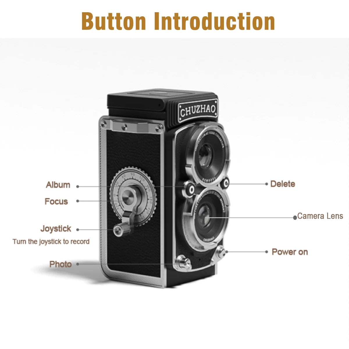 Pluxina vintage mini digital camera with labeled buttons including album, focus, joystick, photo, delete, camera lens, and power on