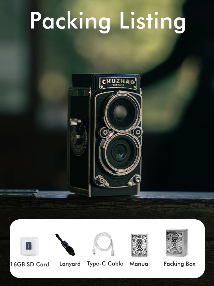Pluxina vintage mini digital camera with dual lenses and accessories including SD card, lanyard, and charging cable