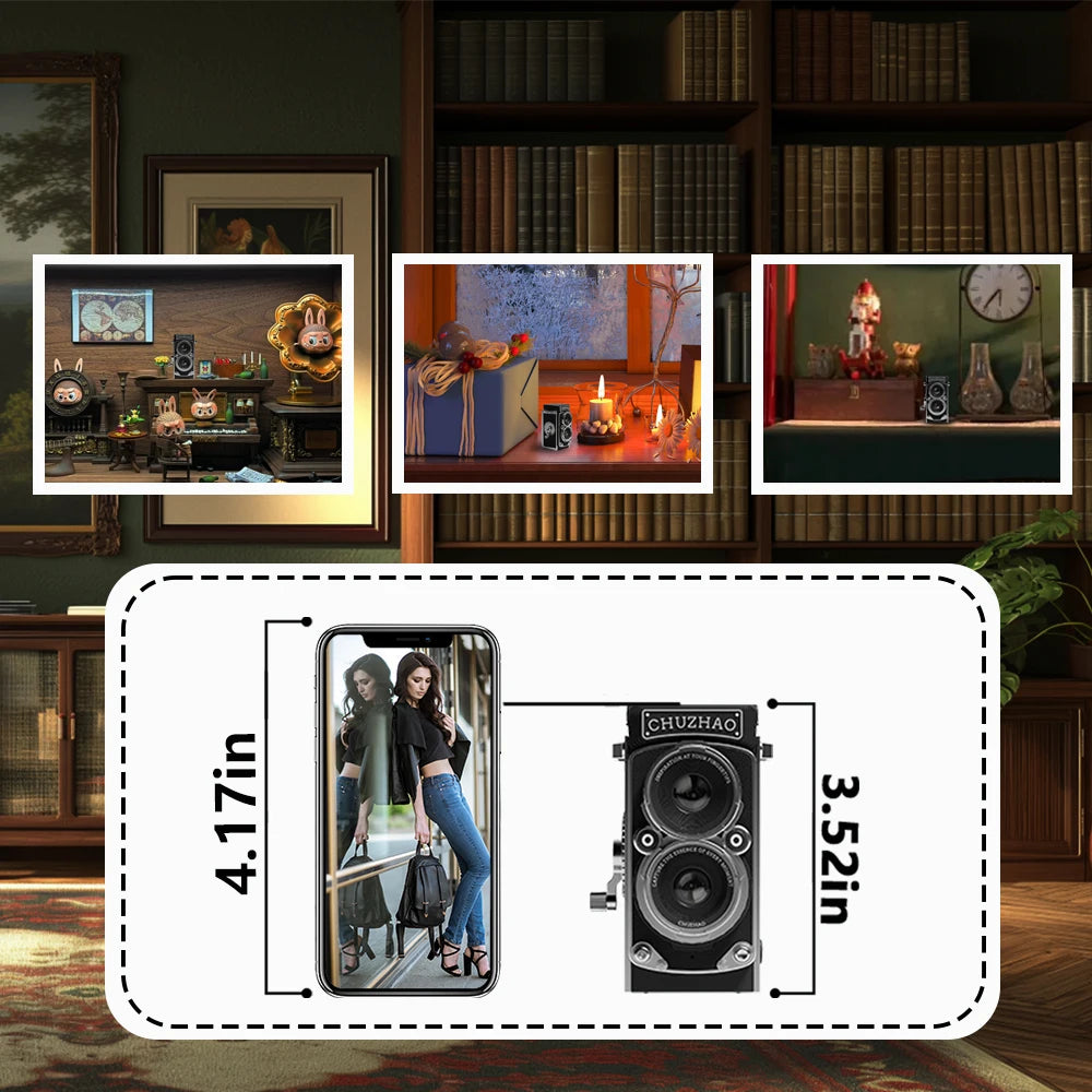Pluxina vintage mini digital camera next to a smartphone showing size comparison with detailed measurements