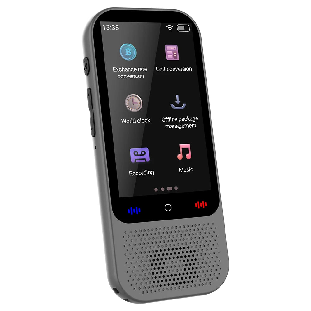 Pluxina portable language translator device with touchscreen and multiple function icons