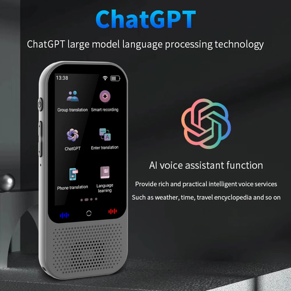 Pluxina portable language translator device with ChatGPT AI voice assistant and multiple translation features