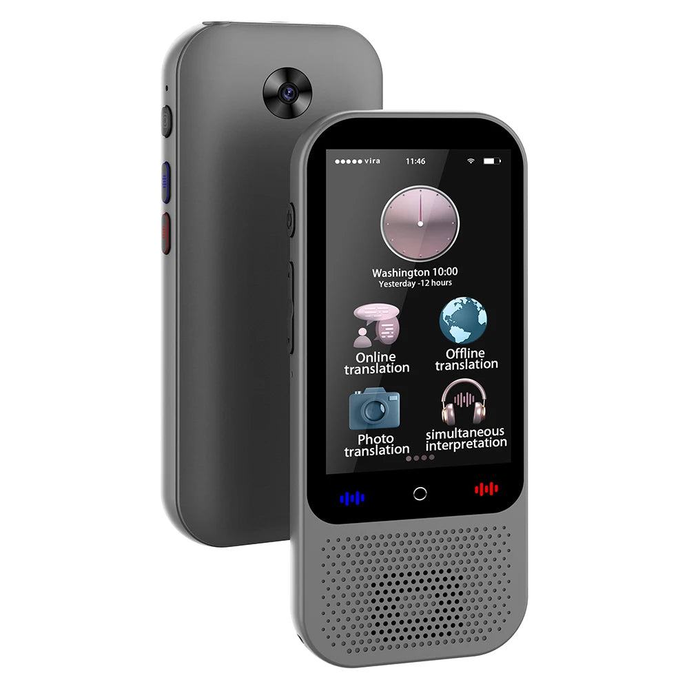 Pluxina portable language translator device with touchscreen and multiple translation modes