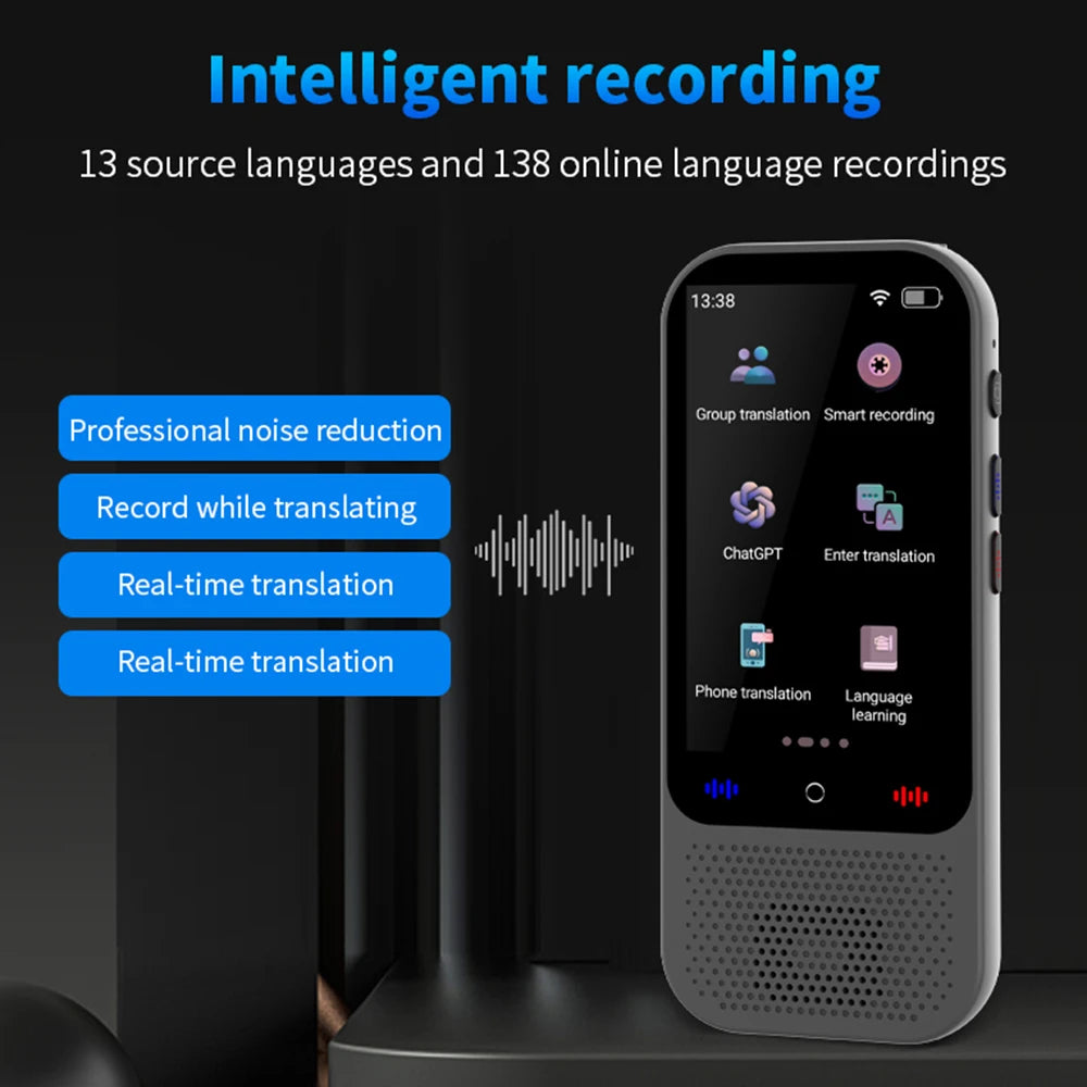 Pluxina portable language translator device showing intelligent recording and multiple translation features