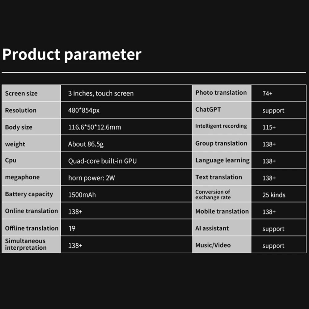 Portable language translator device with 3 inch touch screen and multiple language translation features