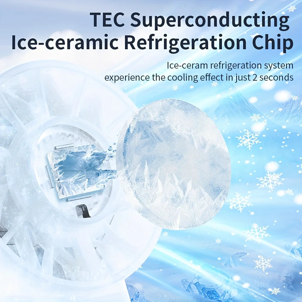 Pluxina ice compress cooling fan with TEC superconducting ice-ceramic refrigeration chip for fast cooling