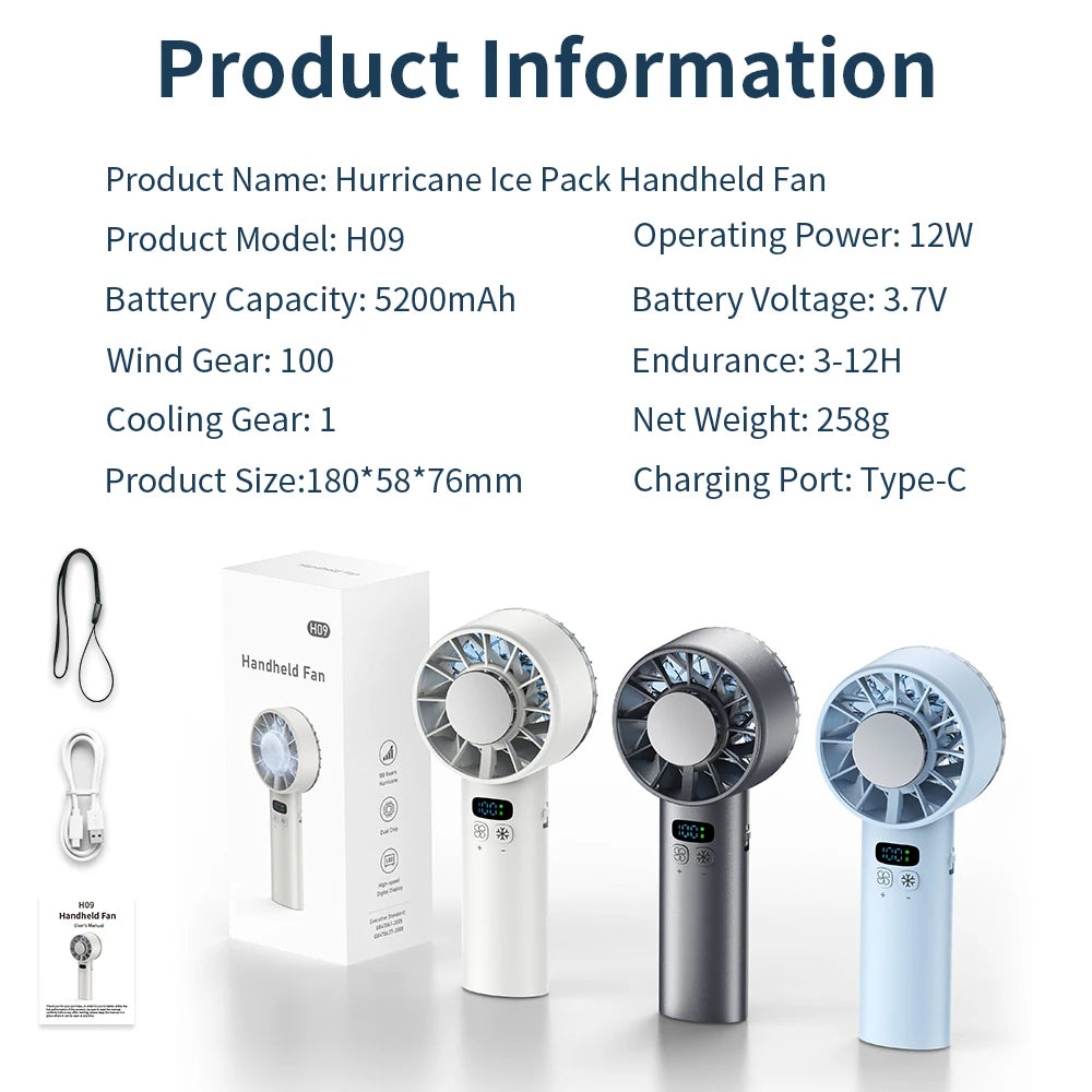 Pluxina Hurricane ice compress cooling fan handheld portable fans in white black and blue with charging cable and strap