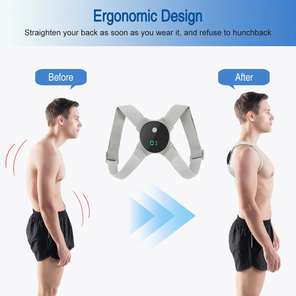 Pluxina intelligent posture corrector for adults showing before and after improved back posture