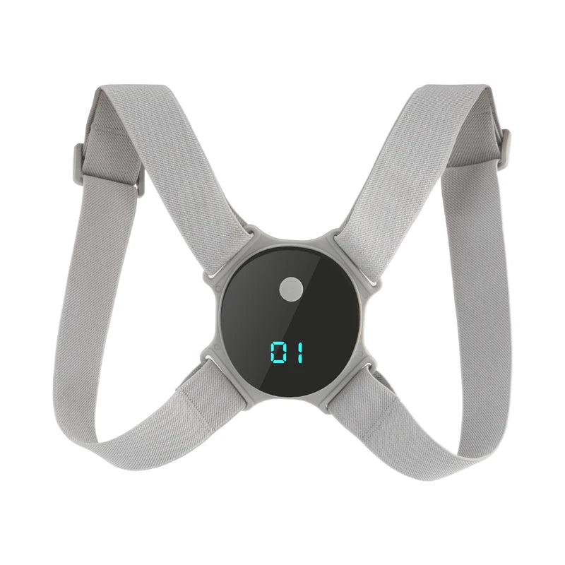 Pluxina intelligent posture corrector for adults with adjustable gray straps and digital display.