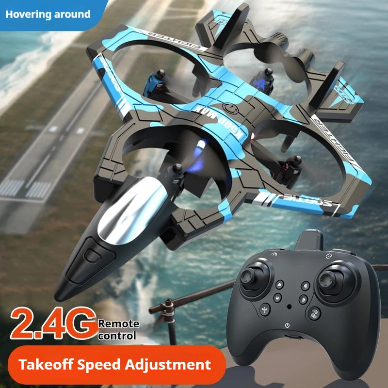Blue and black fighter jet drone with 2.4G remote control and takeoff speed adjustment hovering above runway