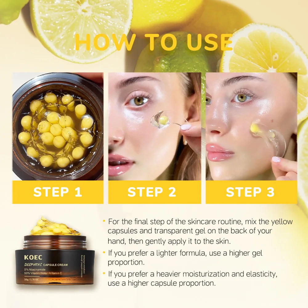 Pluxina vitamin c face cream with yellow capsules and gel applied to model’s glowing skin in step-by-step usage