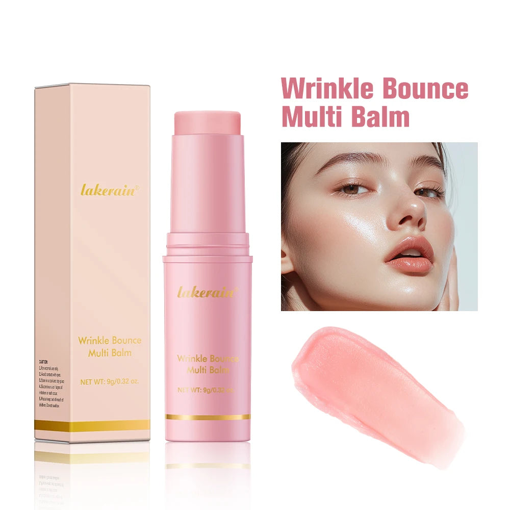 Pluxina collagen wrinkle balm stick in pink packaging with creamy balm and model showing smooth skin