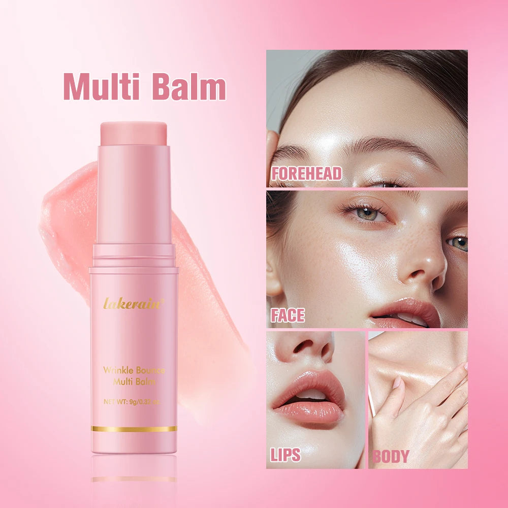 Pluxina collagen wrinkle balm stick in pink packaging shown for use on forehead face lips and body