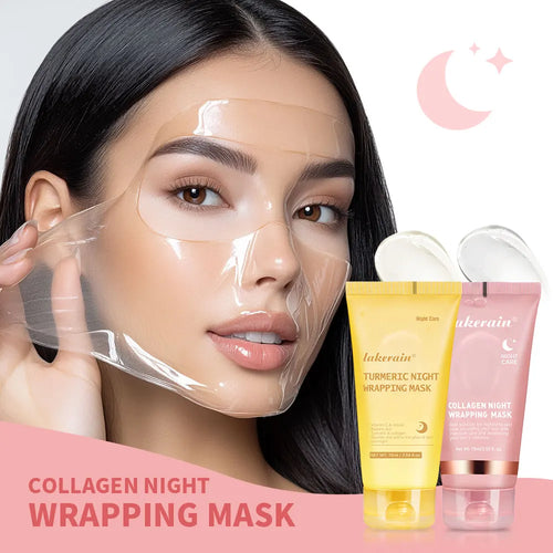 Pluxina Korean collagen peel off mask showing woman peeling transparent night wrapping mask from face with turmeric and collagen mask tubes