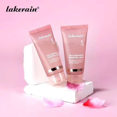 Pluxina Korean collagen peel off mask tubes in pink packaging with rose petals on white display