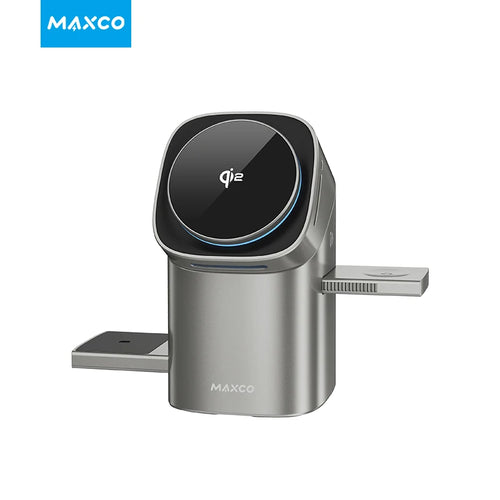 Maxco 3-In-1 Magnetic Wireless Fast Charger with sleek metallic design and multiple charging pads