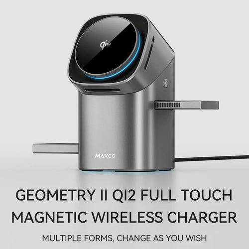 Geometry II QI2 full touch 3-In-1 Magnetic Wireless Fast Charger in gray with extended arms