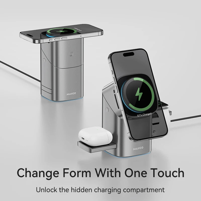 3-In-1 Magnetic Wireless Fast Charger with phone and earbuds charging on sleek gray stand