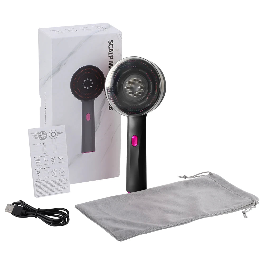 Pluxina red light therapy scalp massager with USB cable, user manual, storage pouch, and packaging box