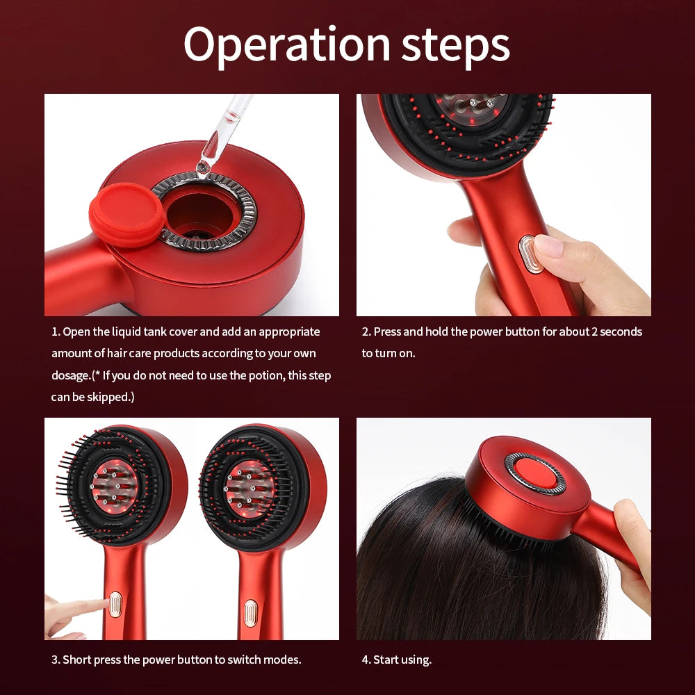 Pluxina red light therapy scalp massager showing operation steps for usage and mode switching