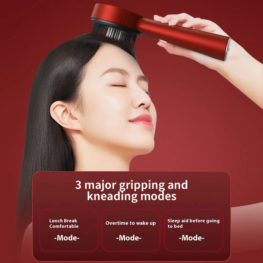 Pluxina red light therapy scalp massager used on woman with smooth black hair showing three kneading modes