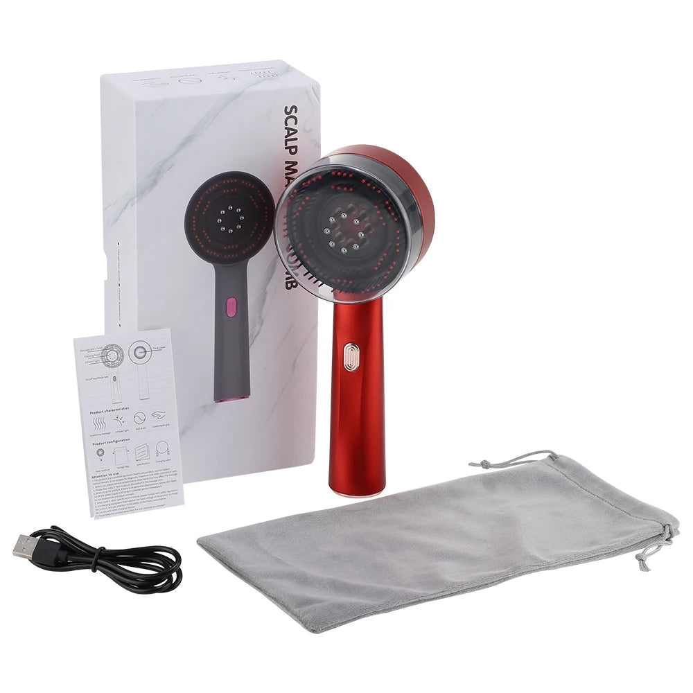 Pluxina red light therapy scalp massager with USB cable, gray pouch, and instruction manual
