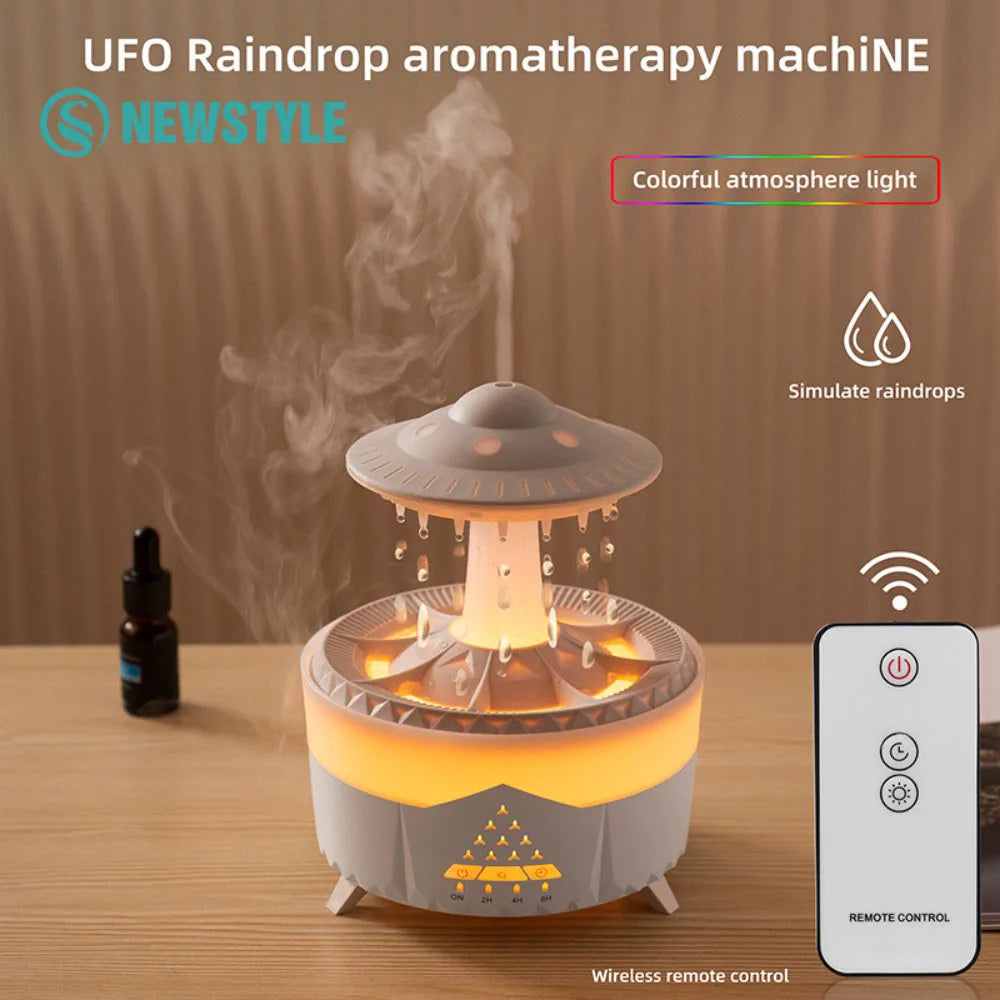 Rotating water droplet essential oil humidifier with colorful atmosphere light and wireless remote control