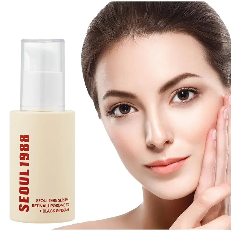 Pluxina retinal serum for closed comedones next to woman with clear glowing skin
