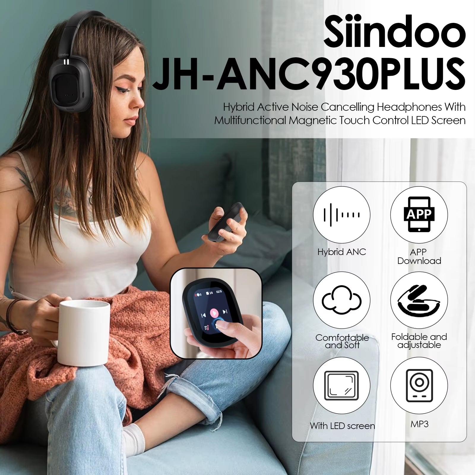 Woman wearing hybrid wireless headphones with display holding a cup and remote control