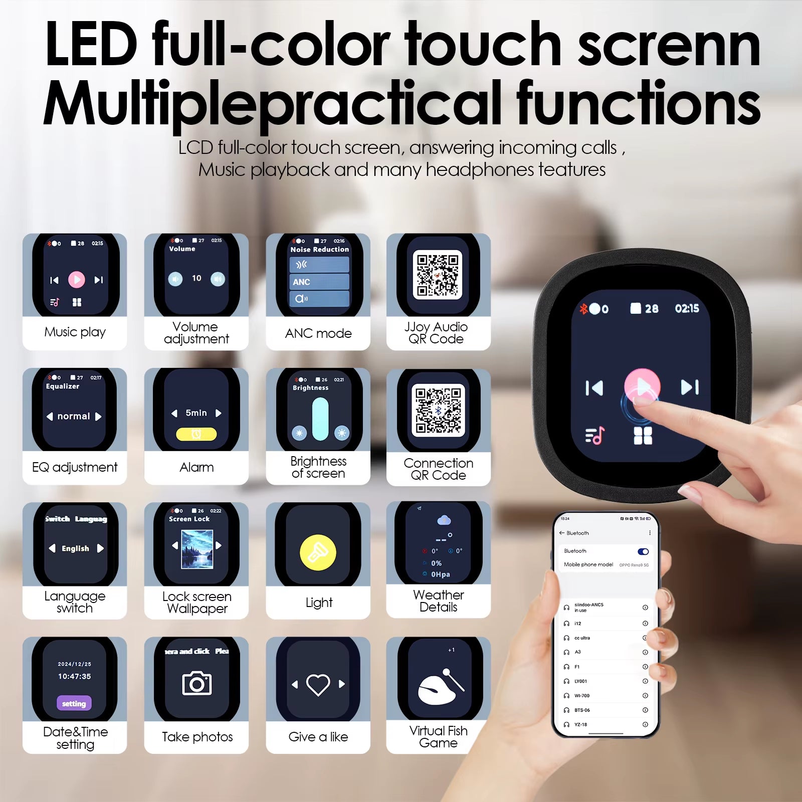 Hybrid wireless headphones with display showing full-color touch screen and multiple practical functions