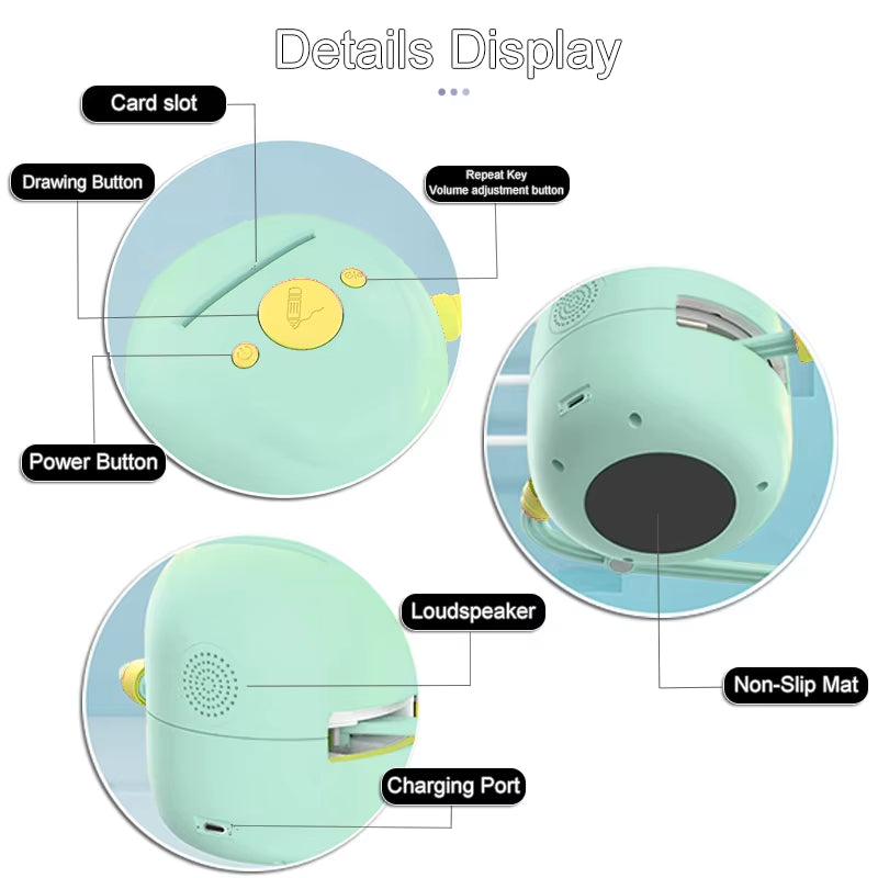 Smart drawing robot for kids in light green showing card slot, drawing button, power button, loudspeaker, charging port, and non-slip mat