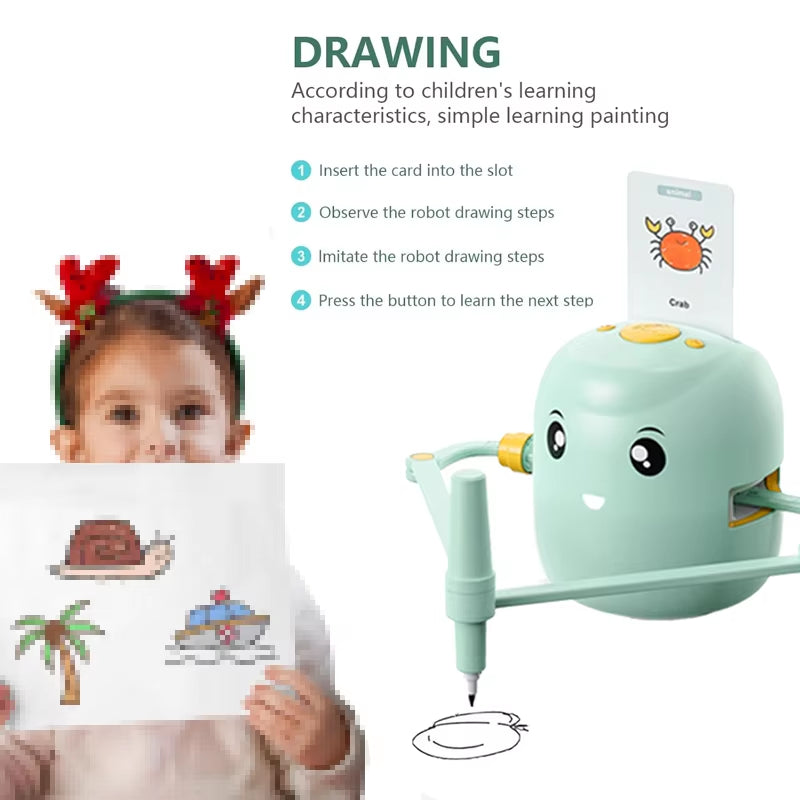 Smart drawing robot for kids with card slot showing crab card and child holding drawing sheet