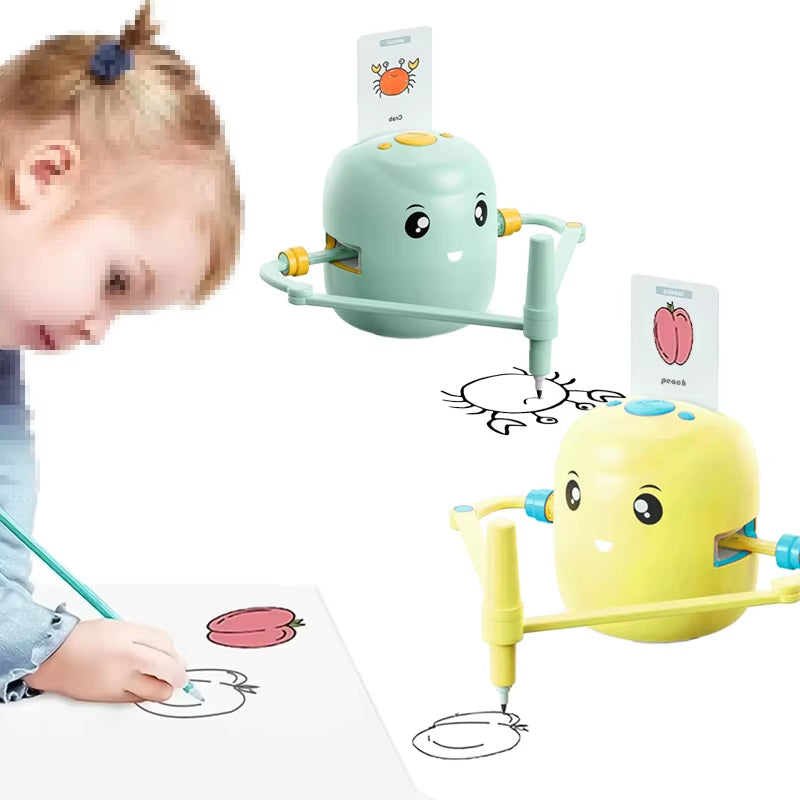 Smart drawing robot for kids in green and yellow colors drawing cartoon pictures with a young girl using a pencil