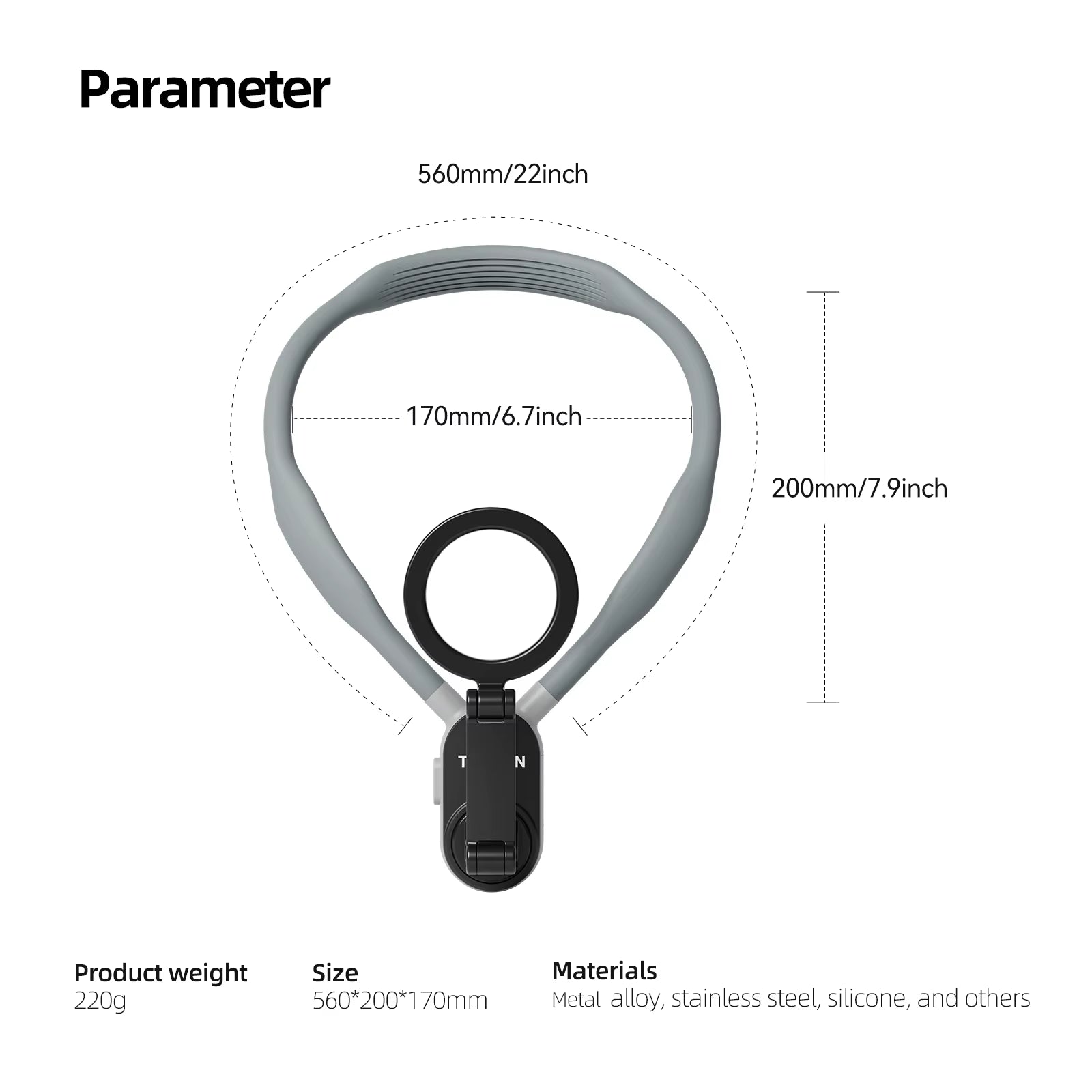 Hands-free phone mount for iPhone showing dimensions 560mm by 200mm by 170mm with metal alloy and silicone materials